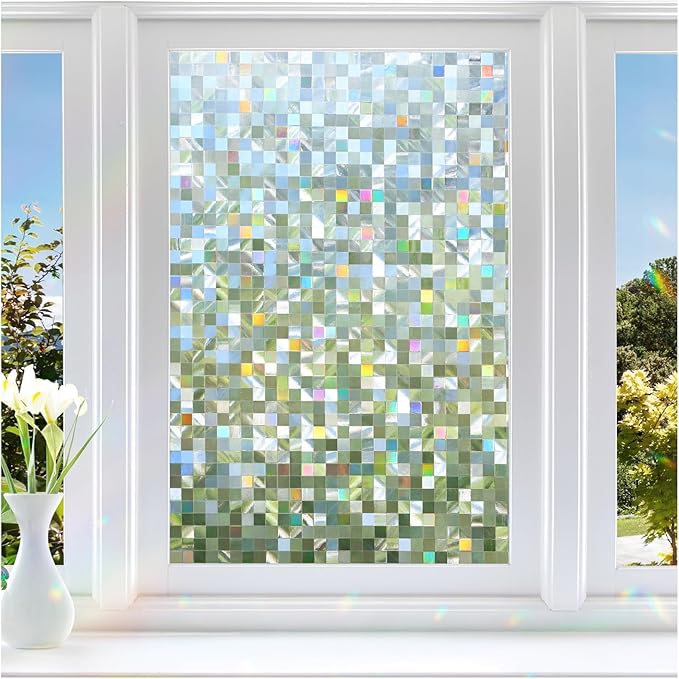 rabbitgoo Stained Glass Window Privacy Film Mosaic Pattern, Frosted Glass Window Film Rainbow Decorative Sticker, Static Cling UV Blocking Suncatcher for Home, 35.4 x 157.4 Inches