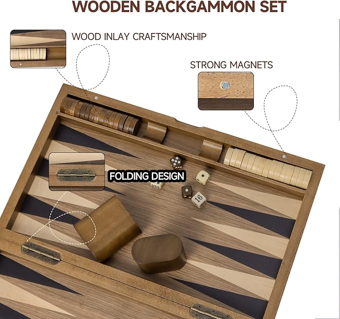 GSE Games & Sports Expert Premium Wooden Folding Inlay Backgammon Board Set, Classic Traditional Strategy Board Games (Double Stripe- 17 Inches)