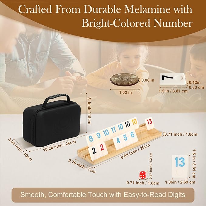 Upgraded 2-6 Players Rummy Game with 6 Wooden Racks, 160 Melamine Tiles, Drawstring Bag, Premium Portable Case, Tile Board Games for Adults & Kids Age 8+, Birthday Gifts for Women Men Dad Mom