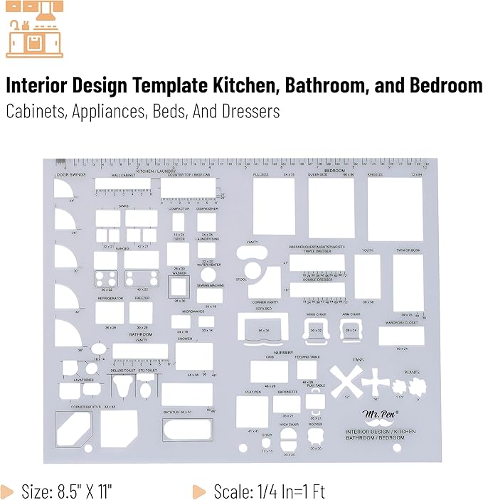 Mr. Pen- House Plan, Interior Design and Furniture Templates, Drafting Tools and Ruler Shapes for Architecture - Set of 3