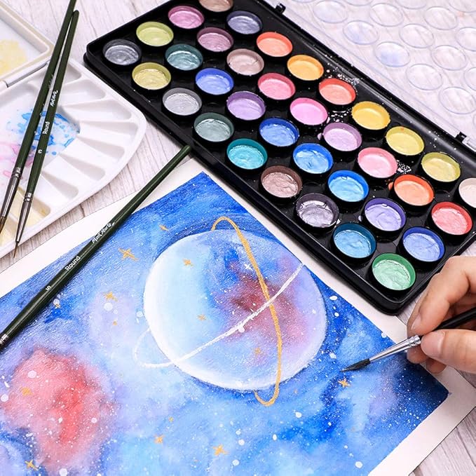 Mont Marte Signature Metallic Watercolor Set, 37 Piece Pearl Paint, 36 Vibrant Colors, 1 Paint Brush
