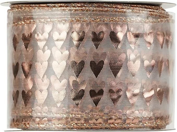 MEEDEE Heart Wired Ribbon - 2.5 Inch Rose Gold & Pink Sheer Organza Ribbon, 25 Yards Roll, Perfect for Valentine Bows & Decor