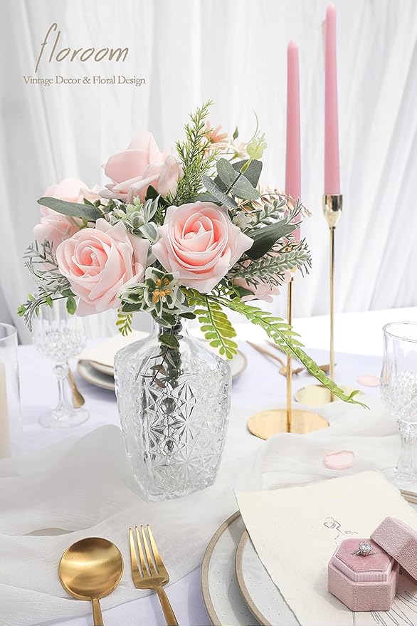 Floroom Artificial Flowers 20pcs Real Looking Blush High-Centered Foam Fake Roses with Stem for DIY Wedding Bouquets Pink Bridal Shower Centerpieces Floral Arrangements Party Tables Home Decorations