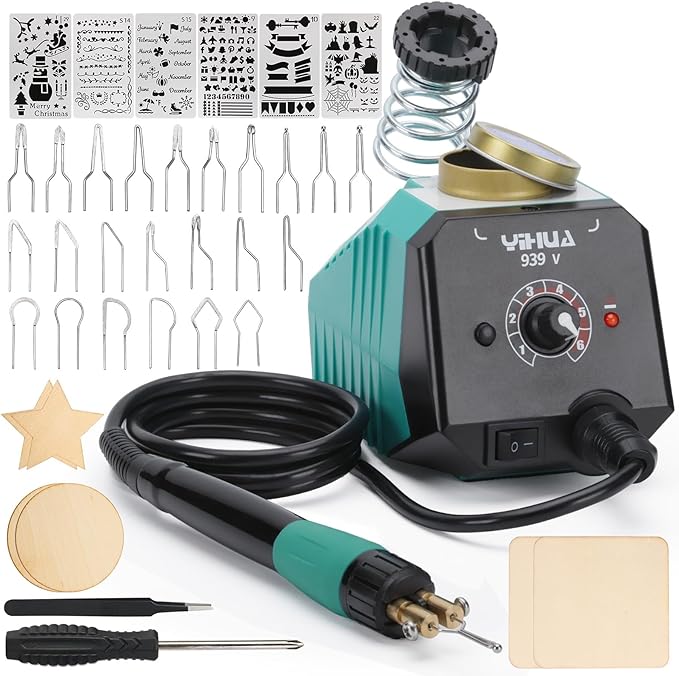 YIHUA 939-V Wood Burning Pen Wood Burning Kit with 23 Wire Nibs, Detachable Wood Burning Pen, 6 Wood Pieces, 6 Stencils, Tweezers Used as Wood Burning Tool