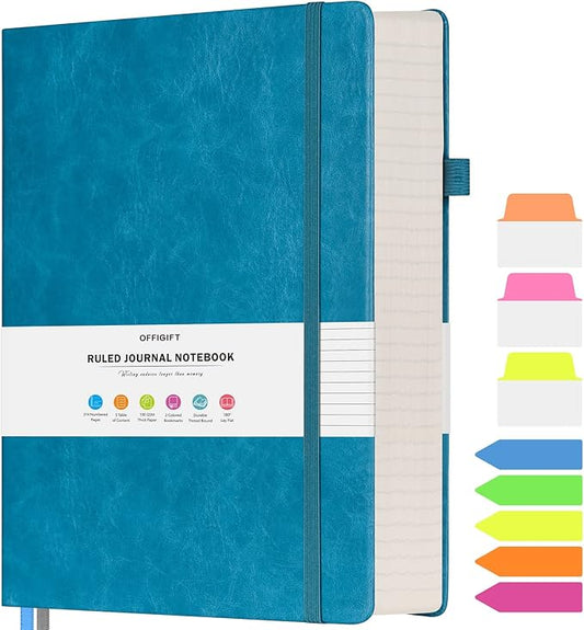 College Ruled Notebook, Large B5 Lined Journal Notebook, 314 Numbered Pages Work Notebook with Index Stickers, 100gsm Thick Paper, Hardcover Vegan Leather Journal for Women Men School Office, Blue