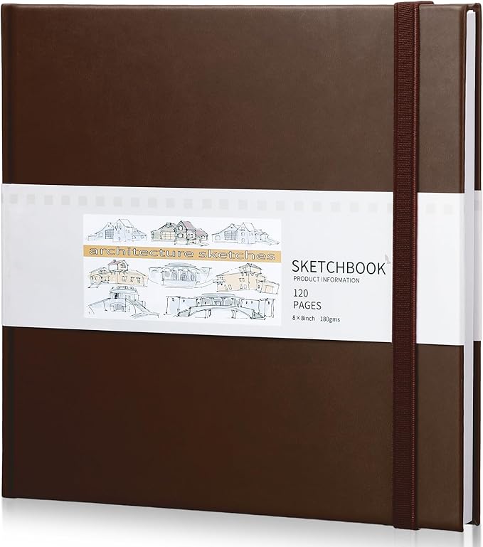 Moinchore Back to School Gifts Square Sketchbook 8 x 8 Inch Hardcover Art Sketch Book Drawing Papers 120 Pages, Mixed Media Journal Notebook with Elastic Closure Sketchbook for Drawing(Brown)