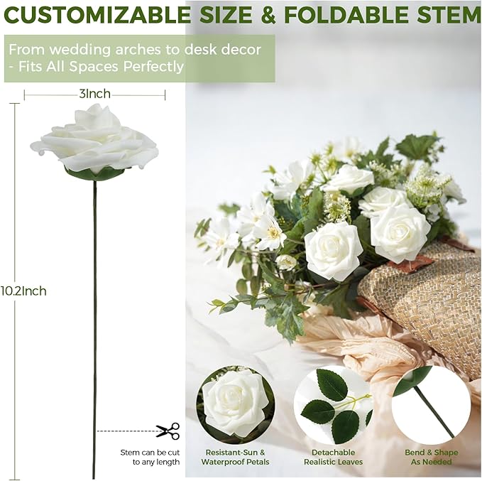Artificial Flowers Foam Fake Roses 25pcs Red Roses with Stems for Home Decor DIY Wedding Bouquets Party Bridal Shower Centerpieces Faux Flower Arrangements Tables Decorations