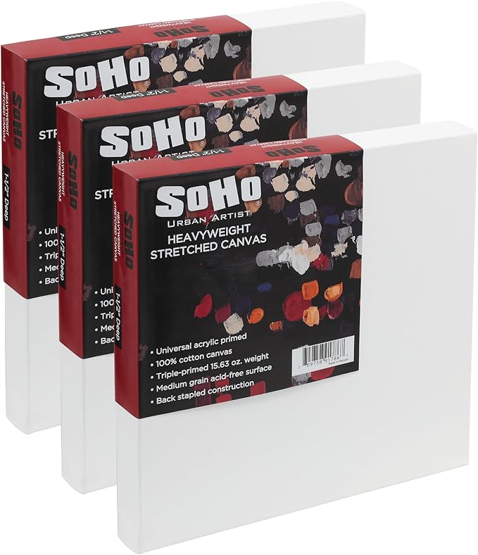 SoHo Urban Artist, 36x36 Heavyweight Stretched Cotton Canvas for Painting - 1.5" Deep- 3 Pack, Triple Primed, 100% Cotton Canvas, Archival, Universal Primed for Oil, Acrylic, Alkyd, Mixed Media