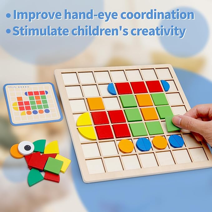 Montessori Tangram Educational, Geometric Shapes Puzzle Toys with 120Pcs Wooden Puzzle Blocks and 20Pcs Cards, Colorful Pattern Montessori Children's Educational Gifts for Kids Ages 3 and Up