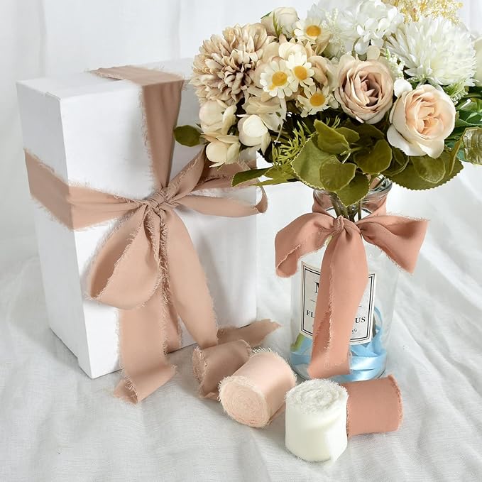 TONIFUL 4 Rolls Silk Chiffon Ribbon, 1-1/2 Inch x 22yds, Beige and Cream Chiffon Ribbons Set, Handmade Fringe Silk Ribbon for Gift Wrapping Bridal Bouquets Wedding Invitations Decoration Crafts