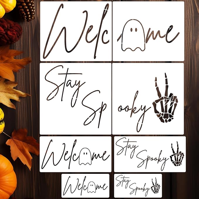 Halloween Stencils for Door Mats Welcome Ghost Stencil Reusable Stay Spooky Halloween Stencils for Painting on Wood Sign Doormats Fabrics DIY Crafts Decor