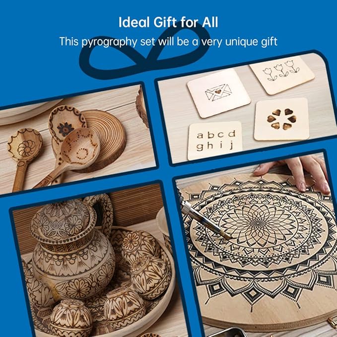 Goodcrafter Pyrography Pen 2-IN-1 Wood Burning Kit 101-IN-1,200~480°C (withTemp Display)/Wire-Nib 250~750°C Temp adjustable with 20 Nibs,53 Solid Points,12 Stencils and 15 Wood Chip(Mother's Day gift）