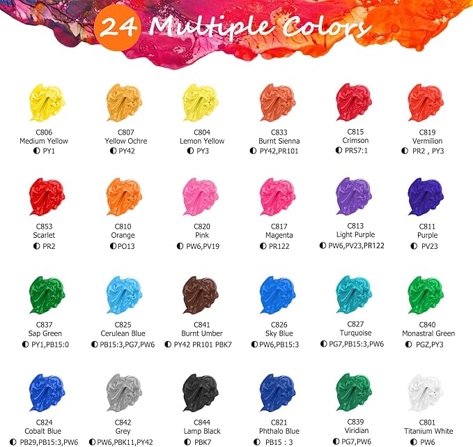 Caliart 24 Colors Acrylic Paint Set with 12 Brushes, Art Craft Paints Gifts Trendy Stuff for Adults Artists, Halloween Pumpkin Canvas Ceramic Rock Eggs Painting Kit Art Supplies