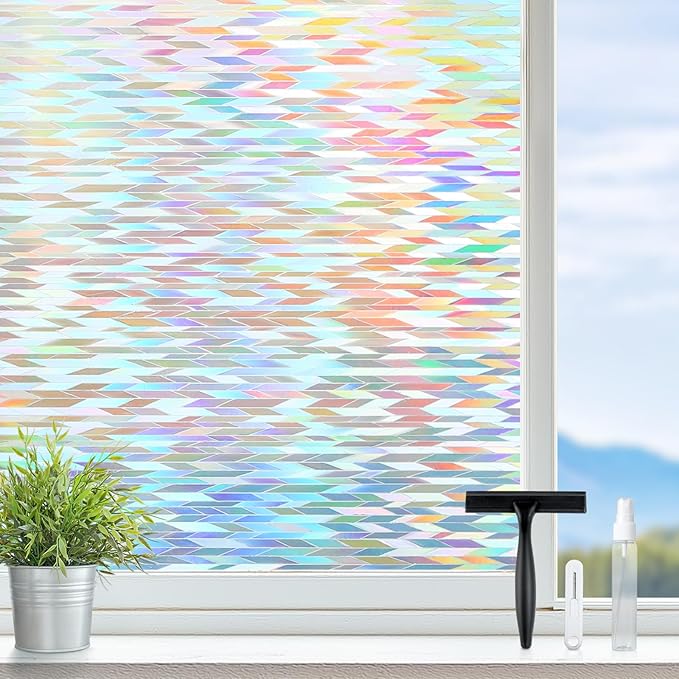 rabbitgoo Window Privacy Film with Installation Tools, Stained Glass Window Film Rainbow Prism Decorative Glass Clings for Home Decor, Static Cling Covering Sun Blocking, 35.4" x 157.4"