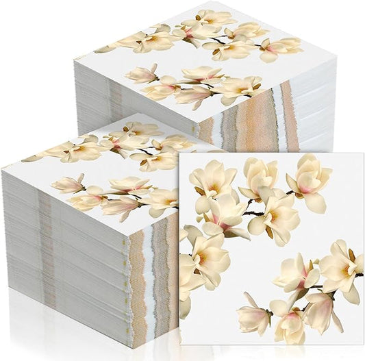60 Pcs White Magnolia Floral Cocktail Paper Napkins 6.5 x 6.5 Inches Disposable Paper Napkins Dessert Beverage Tissue for Decoupage Luncheon Tissue for Theme Party Wedding Birthday Party