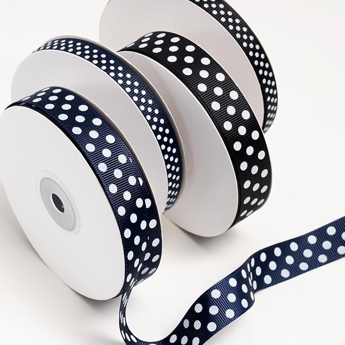 Polka Dot Grosgrain Ribbon 3/4 Inch, 25 Yards Spool Navy Blue and White Dot Craft Ribbon for Christmas Gift Wrapping DIY Crafts Hair Bows Wedding Party Decor Sewing and Home Decoration