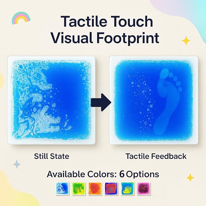 Liquid Sensory Floor Tiles for Kids Ages 3+, 12" Step-On Tiles with Non-Slip Base, Interactive Color-Flow, Assorted Colors, Classroom Sensory Path Set (6-Pack)