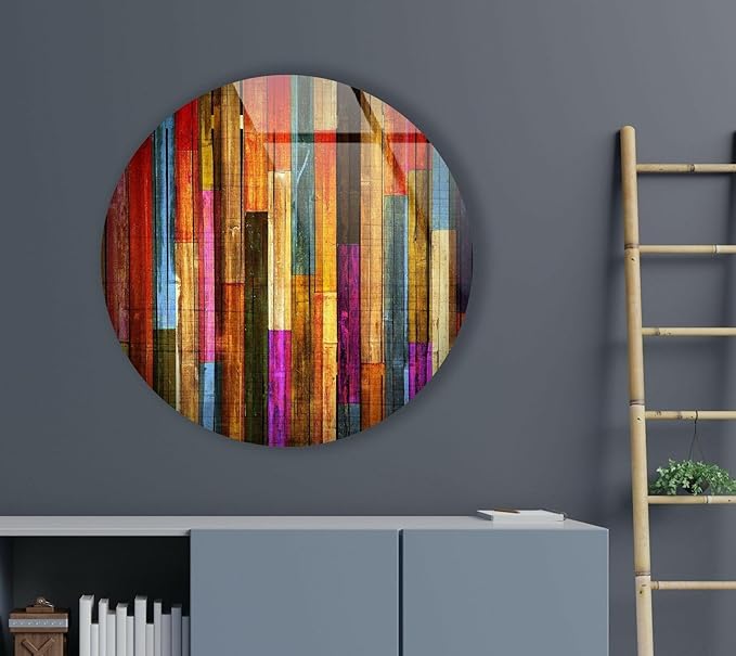 My Photostation.com 24''(60cm) Diameter Colorful Wood Pattern Round Glass Wall Art Tempered Glass Printing Wall Decor Large Wall Art Wall Hangings