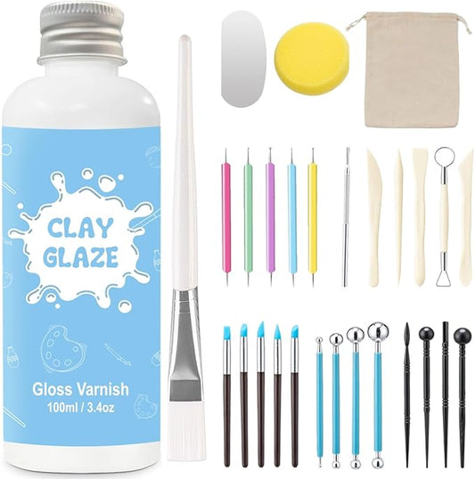 EIGTWEN 100ml Air Dry Clay Glaze and 29pcs Clay tools kit, Gloss Clay Varnish Protects Clay from Surface Wear, Pottery Tools Can be Used for Stippling, Carving, Molding, and Shaping Clay Crafts(Gloss)