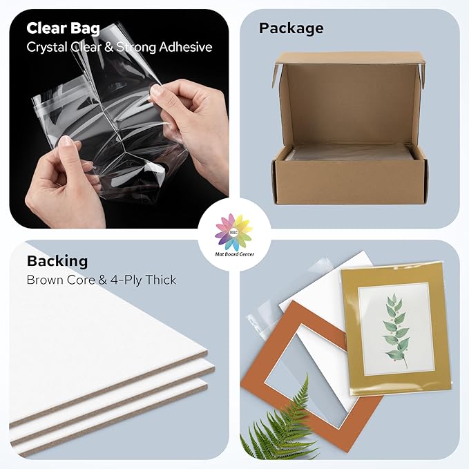 Mat Board Center, Pack of 50, 11x14 for 8x10 Mix Color Mat Kit - Acid Free, 4-ply Thickness, White Core - Includes Backing Boards and Clear Bags - for Pictures, Photos, Framing