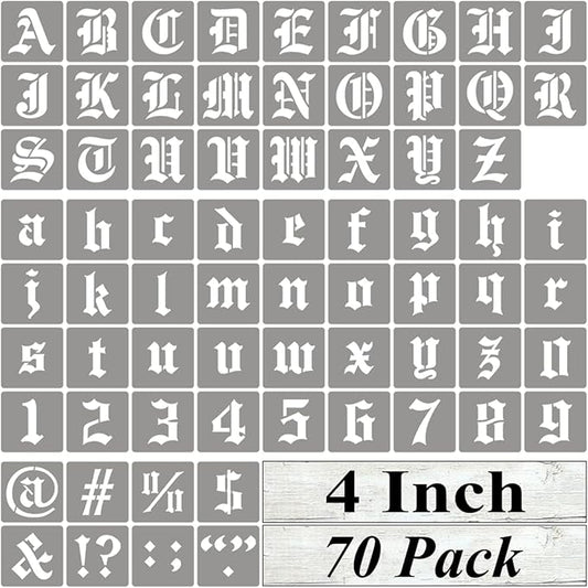4 Inch Alphabet Letter Stencils for Painting - 70 Pack Old English Letter Stencil Templates with Numbers and Signs for Painting on Wood, Reusable Letters Stencils for Chalkboard Wood Signs & Wall Art