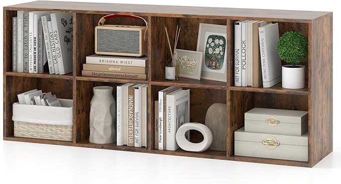 Giantex 8-Cube Bookcase, Floor Standing Bookshelf with Storage & 2 Anti-Tipping Kits, Open Storage Organizer, Cubby Wooden Book Shelf for Living Room, Study & Bedroom, Rustic Brown