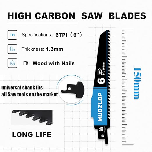 5 Pack 6 inch Reciprocating Saw Blades Set，6 TPI High Carbon Saw Blades for Wood with Nails ，Saw Blades with Organizer Case (5, 6T/6inch)
