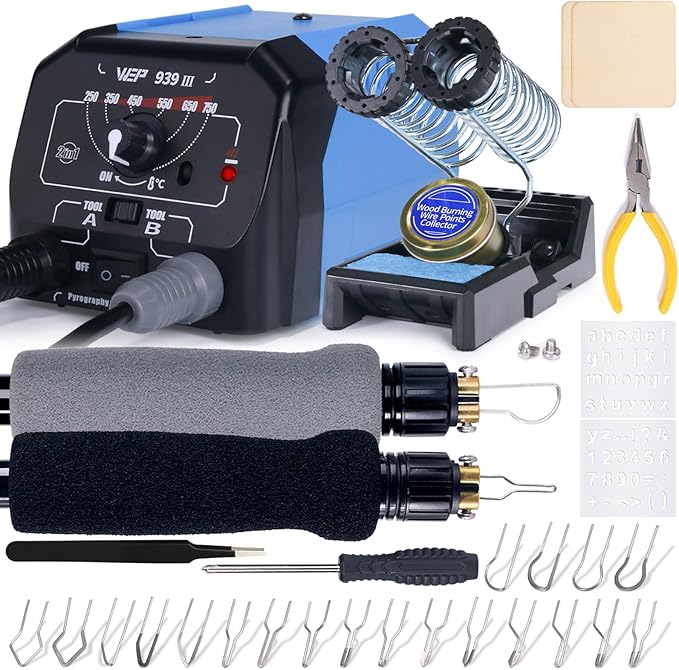 WEP 939-III Dual Pen Wood Burning Kit 34-IN-1 with 20 Woodburning Tips Soft-Grip Pyrography Pen with 2 Stencils, 2 Unfinished Wood, 1 Pen Holder Professional Wood Burner Tool