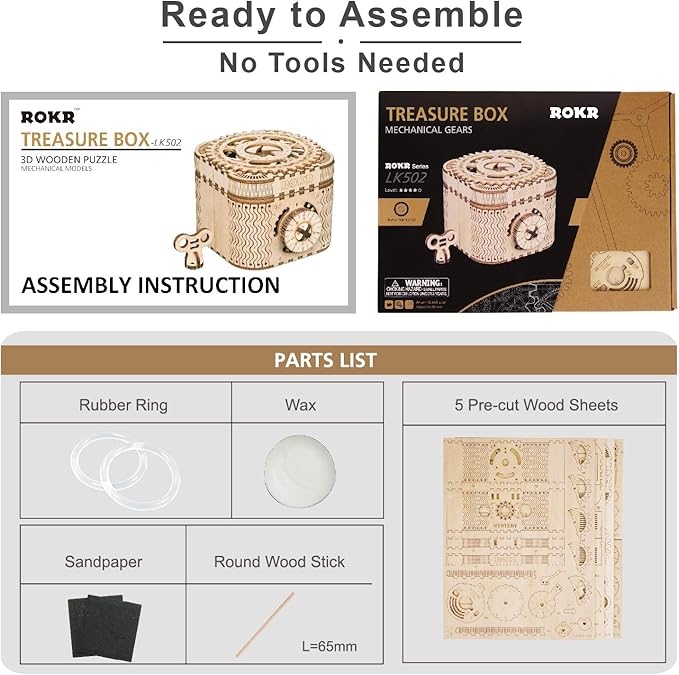 ROKR 3D Wooden Puzzle Password Box Model Kits for Adults and Teens to Build Combination Lock Mechanism Christmas/Birthday