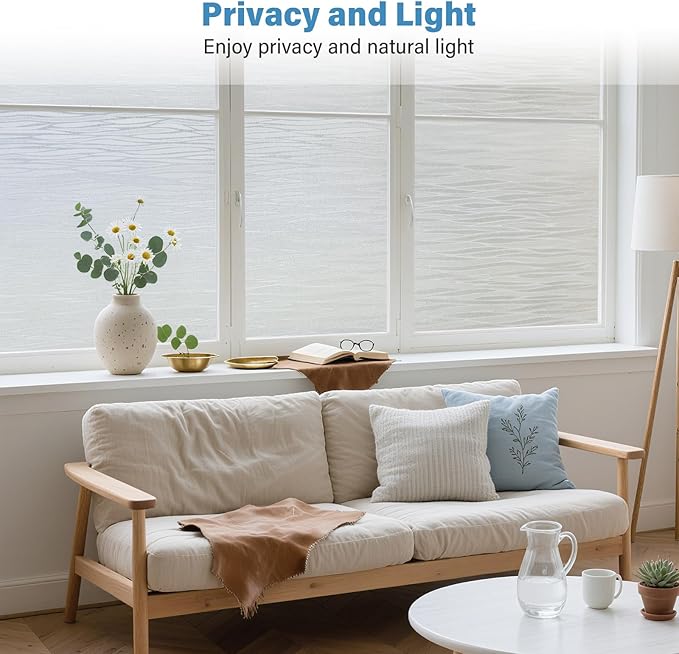 Finnez Frosted Privacy Window Film Static Cling, Non-Adhesive Decorative Cover for Glass Door & Windows, No Glue Removable Clings UV Blocking Waves Design for Home Office 35.4 x 157.4 Inches