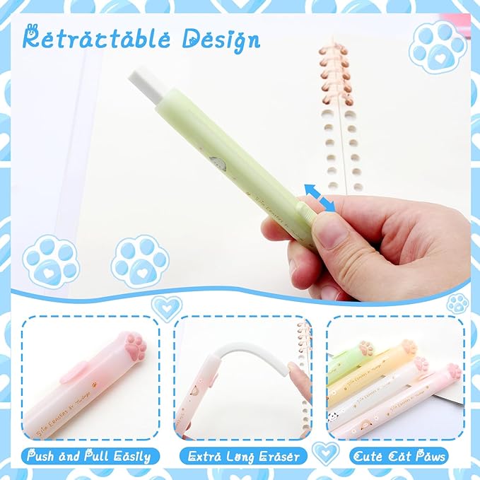 Benvo Retractable Cat Paw Erasers 4 Pcs with Refillable Rubbers Slim Erasers for Precise Erasing, Cute Eraser for Students, Artists, Office Use