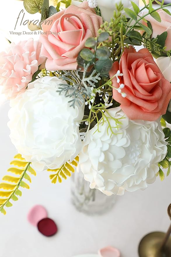 Floroom Artificial Flowers 16pcs 4" White Blooming Peonies Real Looking Foam Fake Peony with Stems for DIY Wedding Bouquets Bridal Shower Centerpieces Floral Arrangements Party Tables Home Decorations