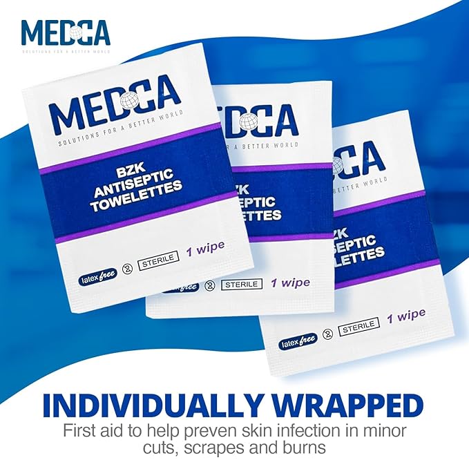 Benzalkonium Chloride Towelletes Hand Wipes – (Pack of 200) Chloride Swabs Individual BZK Single-Use Packets by MEDca 5"x6"