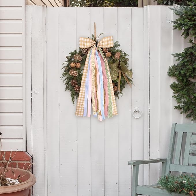 Large Fall Ribbons Bow for Wreath, Orange White Buffalo Plaid Fabric Ribbons Set Assorted Lace Ribbon Blue Pink Clip-On Wreath Sash Ribbon Bundle for Fall Thanksgiving Home Indoor Outdoor Decor