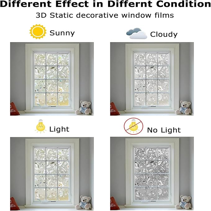 LEMON CLOUD Window Film, Decorative Window Privacy Film, 3D Stained Glass Window Sticker,Anti-UV Sun Blocker Heat Control for Home(Rainbow Tulip Design,35.4 x 118.1 inches)