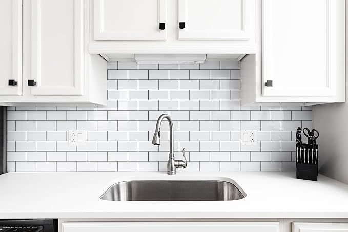 4 Pieces Peel and Stick Backsplash for Kitchen, 3" x 6" PVC Subway Tile 2025 Upgraded Glossy White with Dark Gray Grout Backsplash Stick on Tile Elevate Kitchen, Bathroom, Fireplace,RV