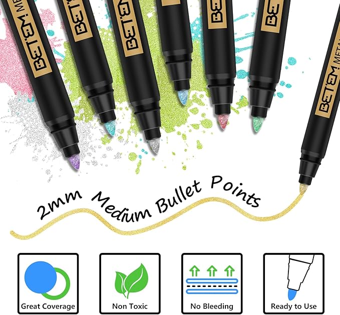 Betem Metallic Paint Markers, 18 Colors Acrylic Paint Metallic Markers for Black Paper, 2mm Medium Tips Glitter Pens Scrapbooking Supplies, Pumpkin Painting Kit for Rock Painting, Cards, Photo Albums
