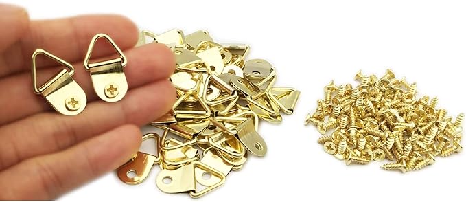 100 Pack Small Triangle Ring Steel Picture Hangers with Screws Picture Frames Picture Hang Solutions for Hanging Clock Paintings Artwork Picture Frame Hook Photos(Gold)