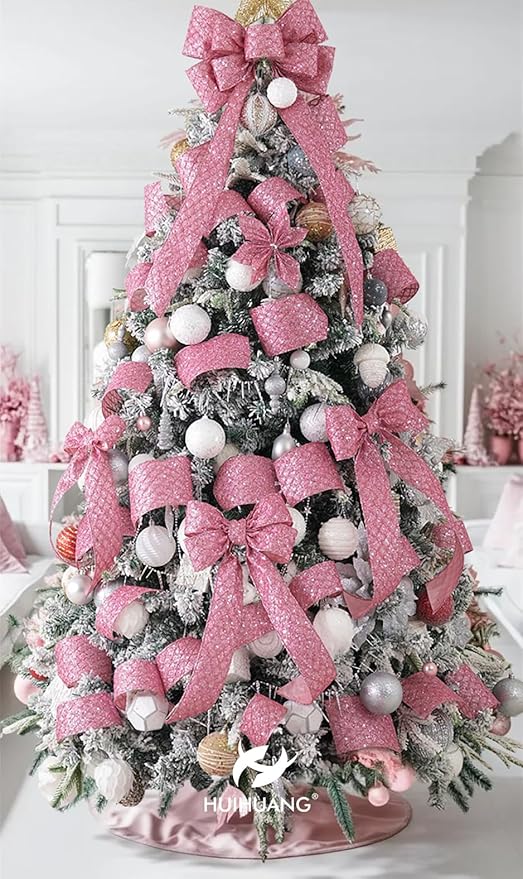 HUIHUANG Pink Glitter Wired Ribbon for Christmas Tree 2.5 inch Light Pink Diamond Mesh Wire Ribbon for Tree Decoration, Wreaths, Garland, Gift Wrapping, Bows Making, Home Decor -10 Yards