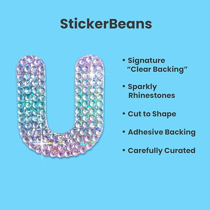 StickerBeans® Rhinestone Alphabet Letter Sticker U - Unique Sparkly Design 2” x 2” Cut-to-Shape Adhesive - Personalization, Collecting, Gifting, Scrapbooking, Decorating Laptops, Phone Cases, All Ages