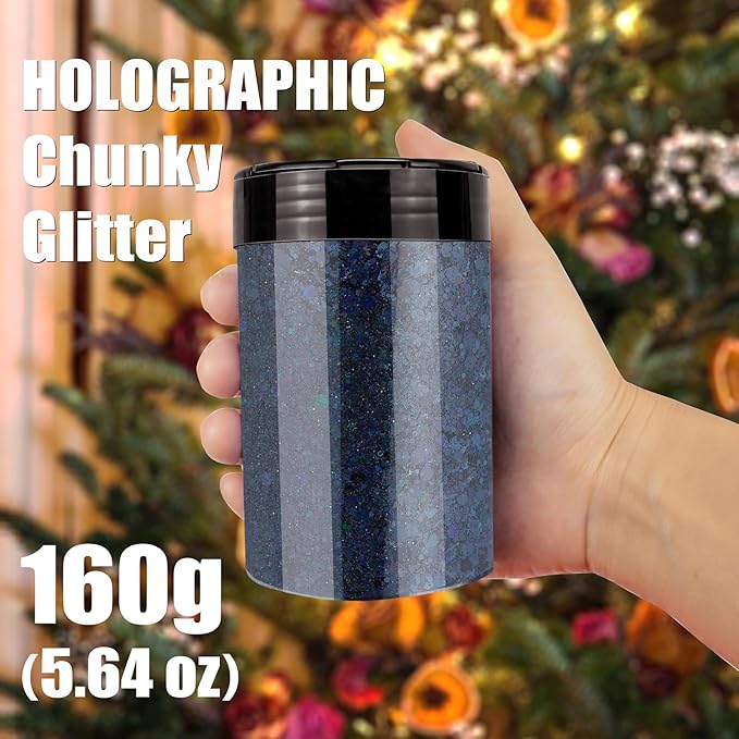 Laser Black Chunky & Fine Iridescent Glitter Mix, 160G/5.64OZ - Cosmetic Glitter for Nail, Hair, Makeup, Body & Tumbler - Bulk
