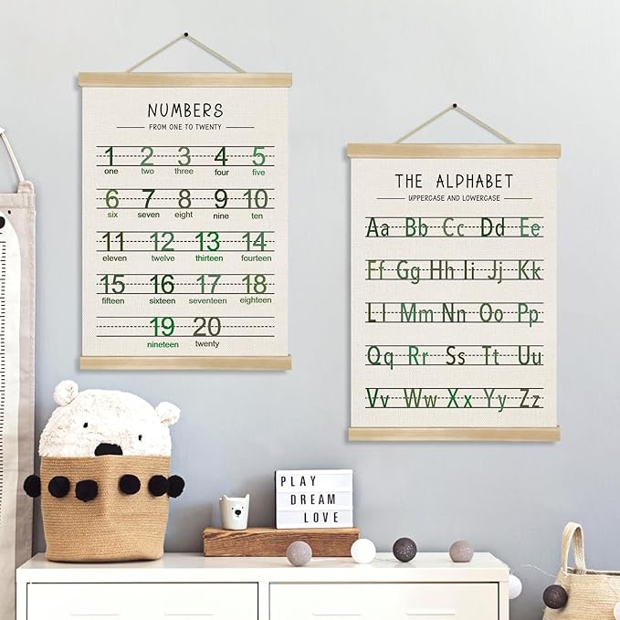 Alphabet and Numbers Wall Chart Set of 2 ,Kids Educational Posters,ABC and 1-20 Number Learning Banners for Toddlers, Preschool Classroom, Homeschool, Nursery, Playroom Decor 14 x 18.5 Inch(Green)