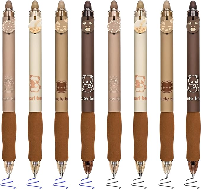 BAYTORY 8Pcs Cute Retractable Erasable Gel Pens, Blue and Black Ink Pen with Eraser Clear, Smooth Writing Comfortable to Use for Note Taking Marking Planner Crossword Puzzles (Coffee)