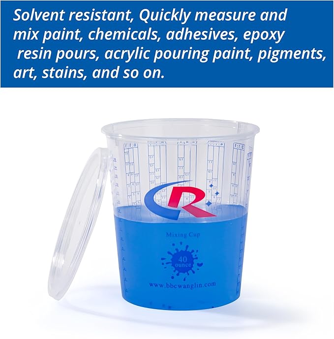Paint Mixing Cup 40 Ounce, Accurate Measurements in Ratios and OZ. and ML, 36PCS Plastic Graduated Measuring Cups with 12PCS Lids for Paint, Resin, Epoxy, Acrylic, Pigments, Art