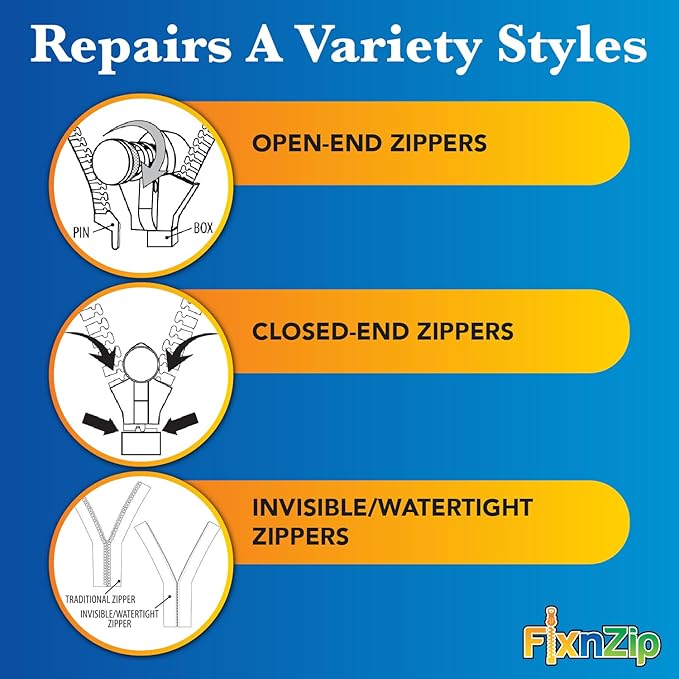 FixnZip (Large, Black Nickel) - See Size Guide - Universal Zipper Repair Kit for Wetsuits, Luggage, Zipper Replacement Repair Kit - Instant Zipper Fix