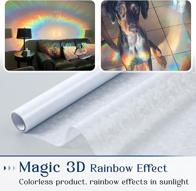 Haton Window Privacy Film, Rainbow Stained Glass Window Clings, 3D Decorative UV Sun Blocking Sticker, Removable Static Cling Heat Control Tint for Home Door, 17.5" x 78.7" Non-Adhesive