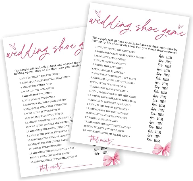 Wedding Shower Games Cards, Wedding Shoe Game, Bridal Shower Games 25 Guests, Engagement Party Wedding Games for Guests, Pink Ribbon Bow Wedding Party Supplies - E04