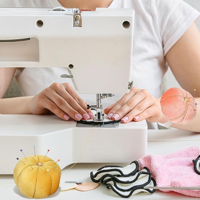 HARFINGTON Wrist Pin Cushion Wristband Sewing Pincushion Polyester Pin Holder Wearable Pumpkin Shaped Needles Wristband for Sewing Quilting Needlework DIY Crafts, Yellow