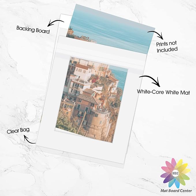 Mat Board Center, Pack of 25, 16x20 for 11x14 White Picture Mat Sets - Acid Free, 4-ply Thickness, Bevel Pre-Cut White Core - Includes Backing Boards and Clear Bags - for Pictures, Photos, Framing