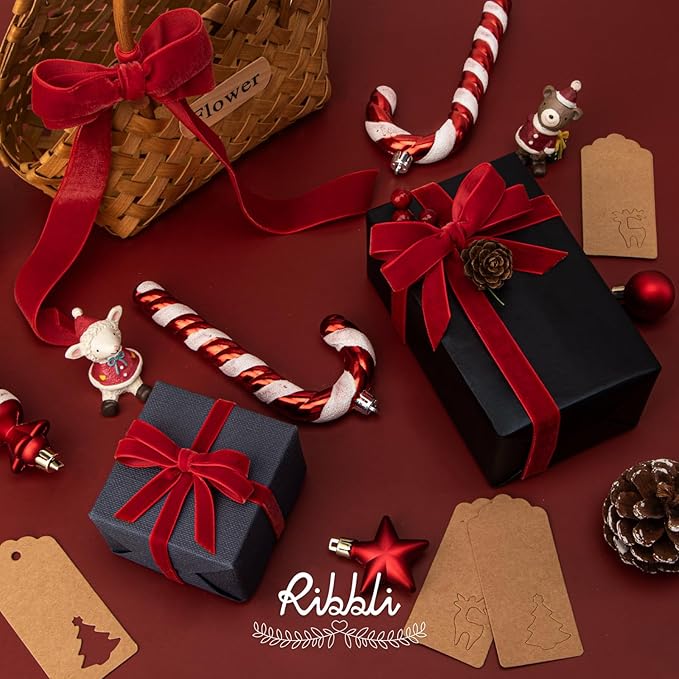 Ribbli Polyester Red Velvet Ribbon,1 Inch,10-Yard Spool,Use for Choker,Gift Wrapping,Floral Bouquets, Boutonnieres